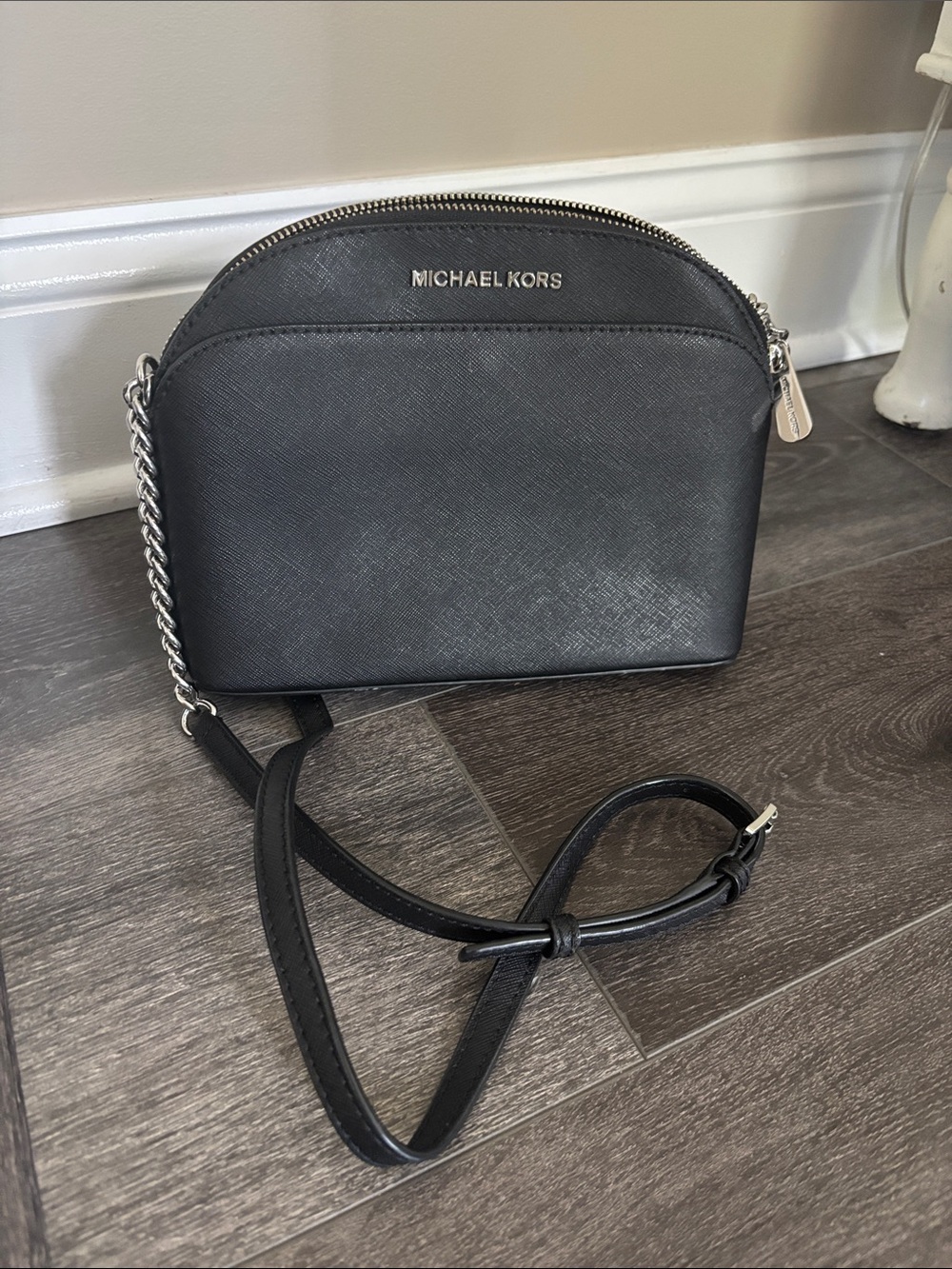 Michael Kors Black Saffiano Dome Crossbody with Chain Strap